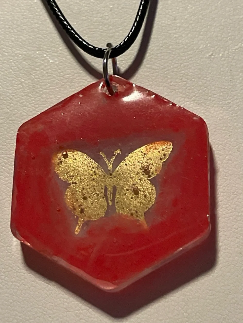 Gold Butterfly Red Hexagon Pendant Necklace - Women Jewelry